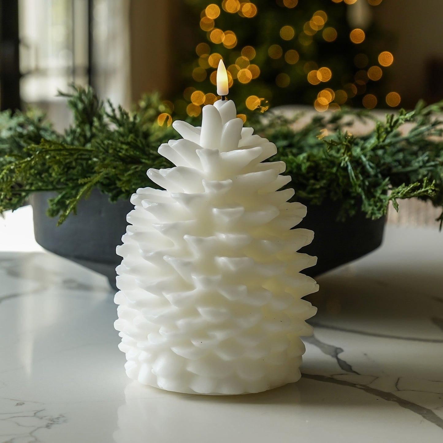 Flameless White Pinecone Candle